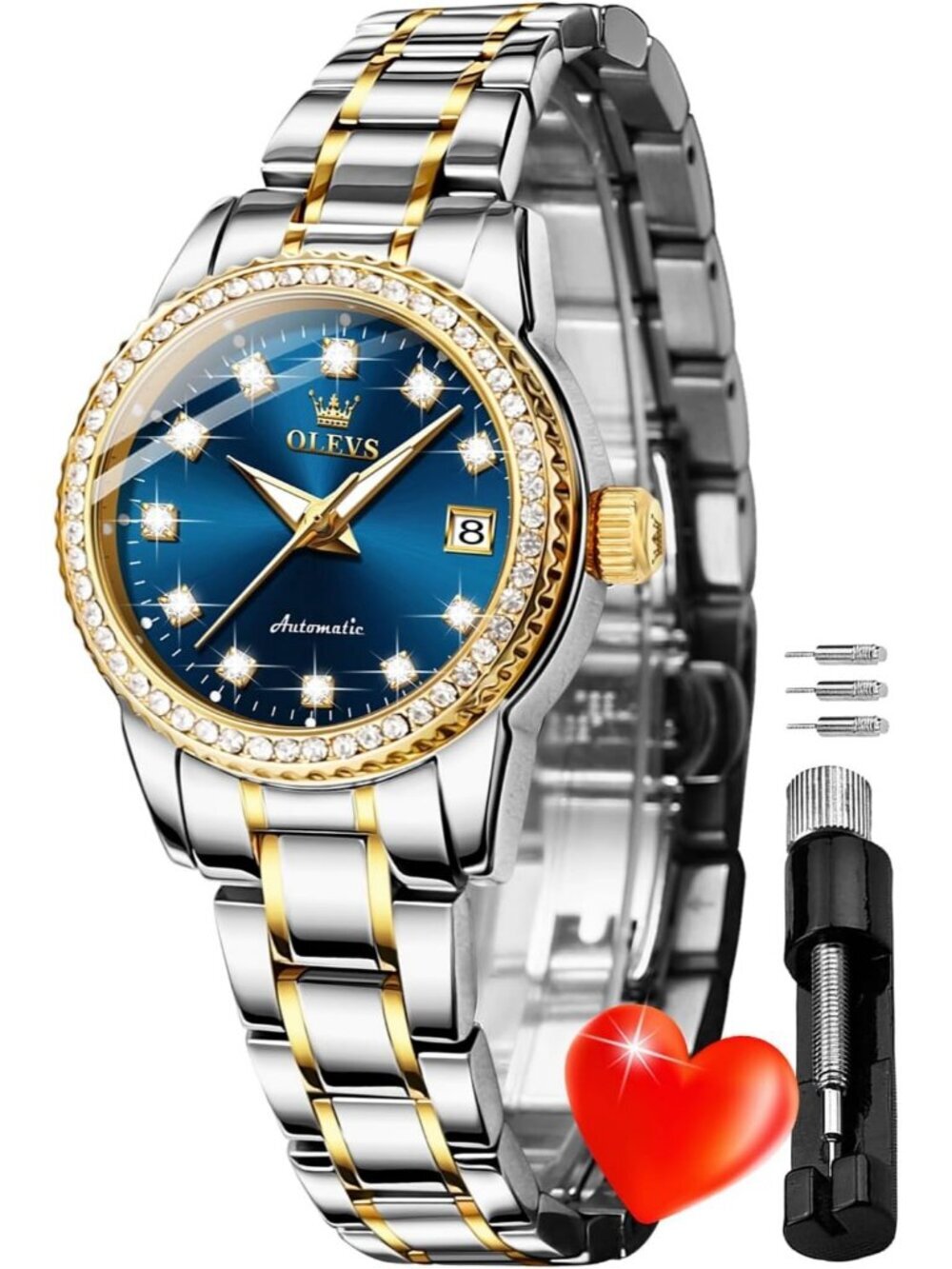 Women's Blue Automatic Diamond Luxury Mechanical Stainless Steel Wrist Watches